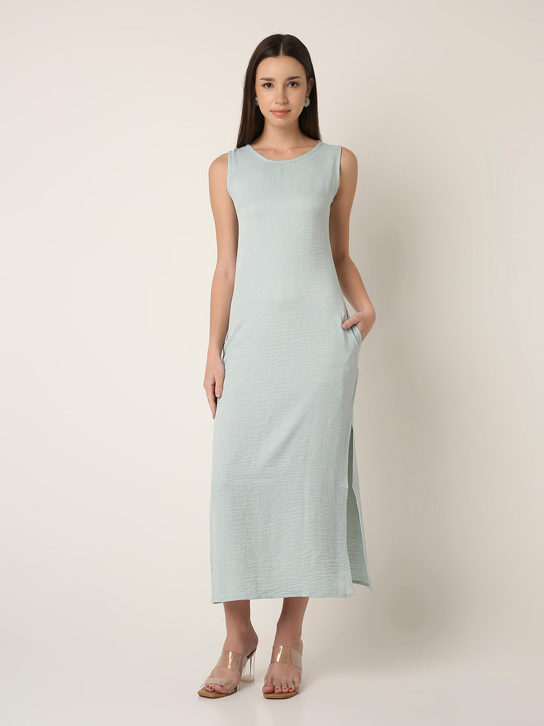 GREEN MIDI DRESS WITH SIDE SLIT