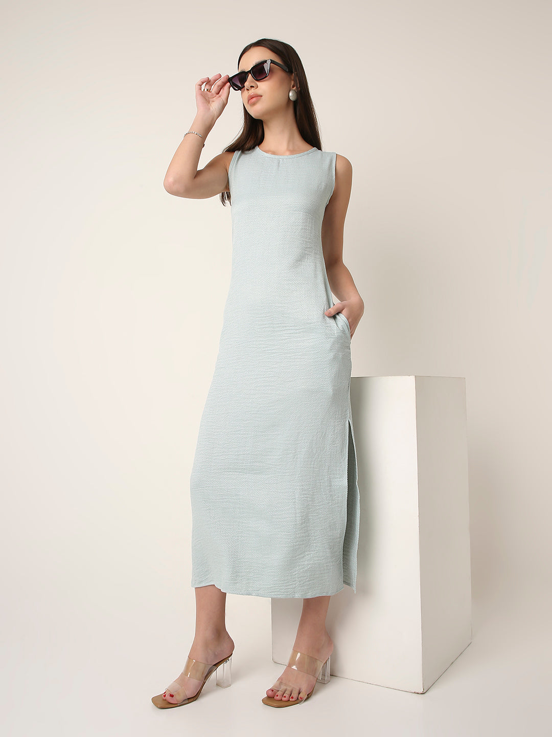 GREEN MIDI DRESS WITH SIDE SLIT