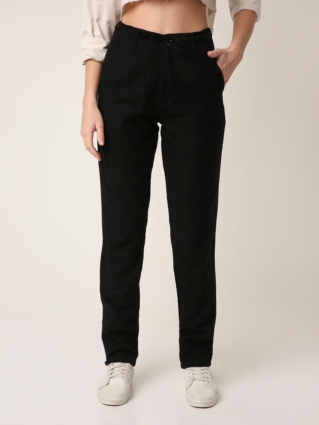 Black Drawstring Straight-Fit Pants
