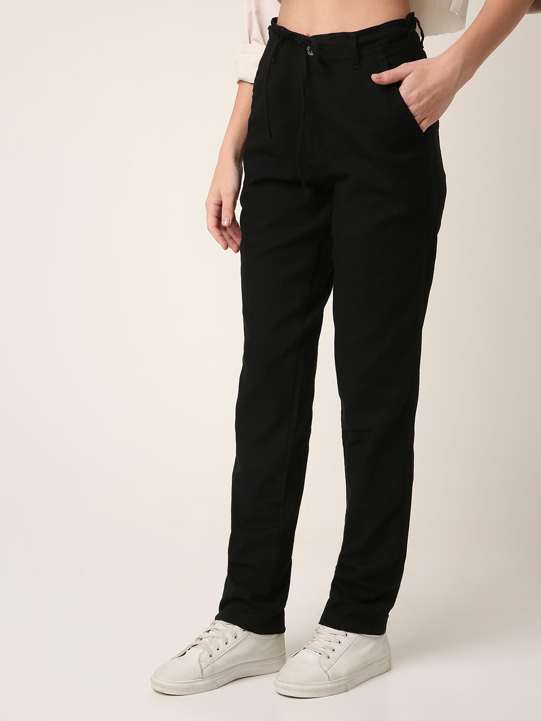 Black Drawstring Straight-Fit Pants