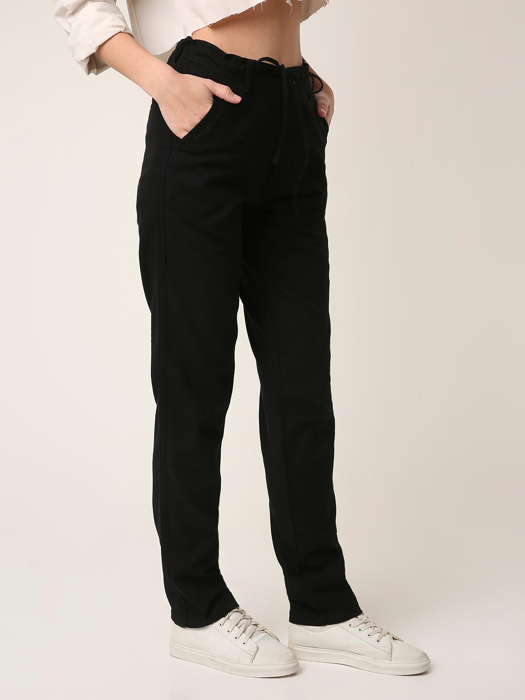 Black Drawstring Straight-Fit Pants