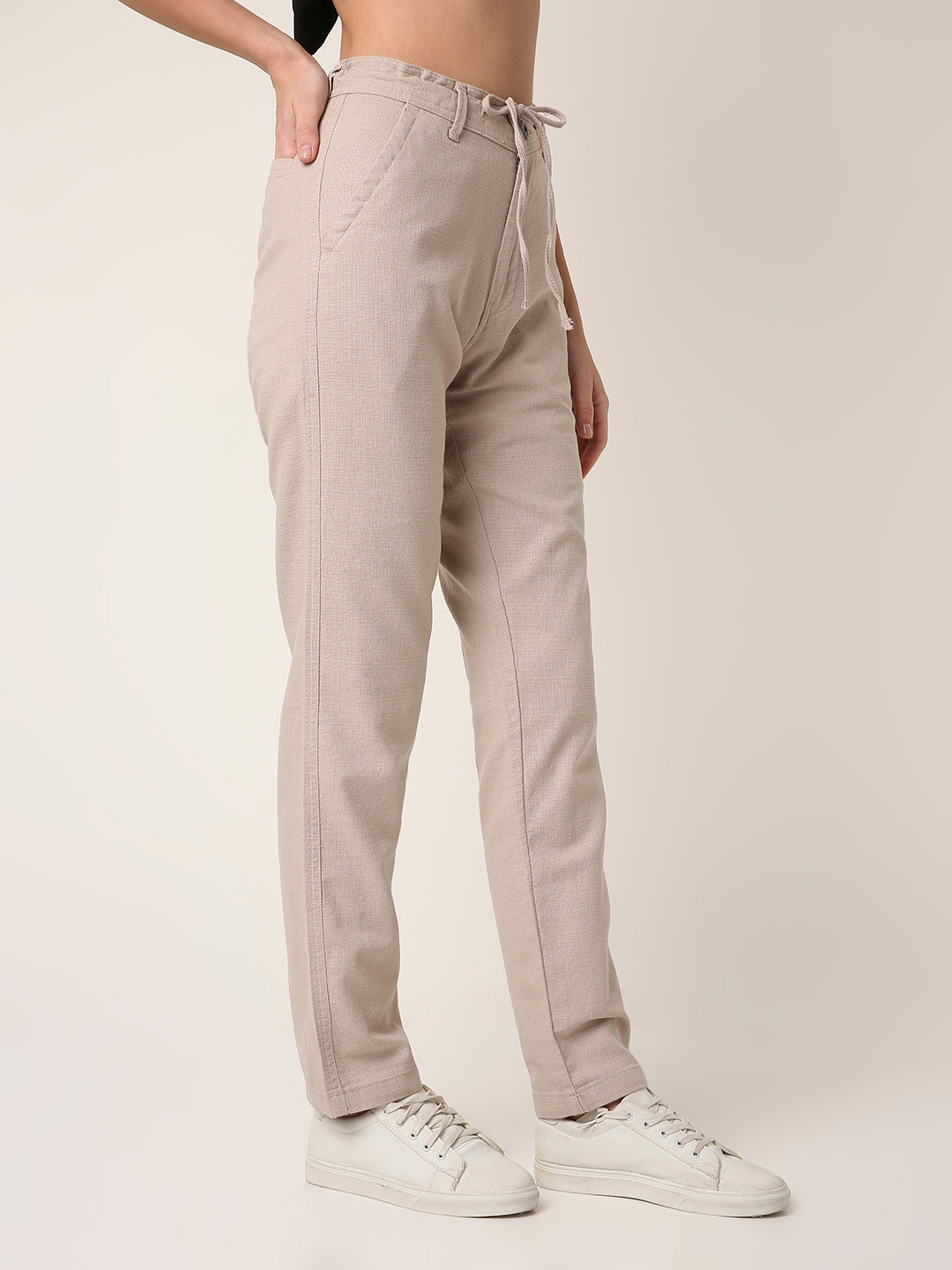 Cream Drawstring Straight-Fit Pants