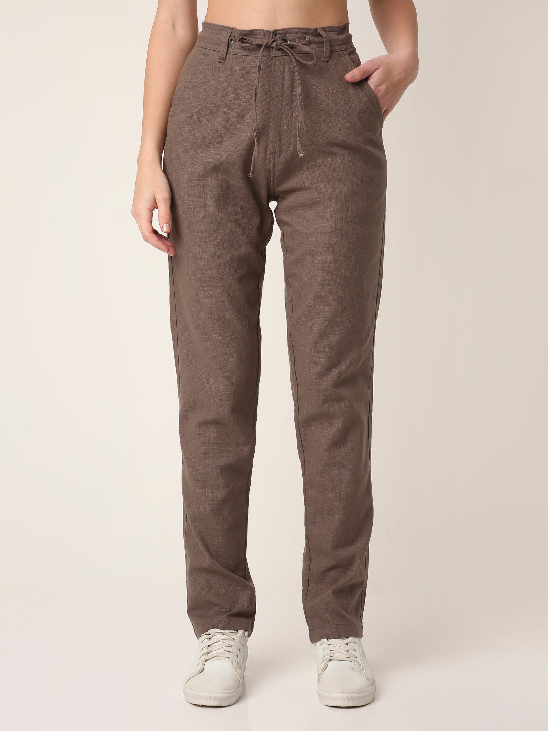 Mocha Grey Drawstring Straight-Fit Pants