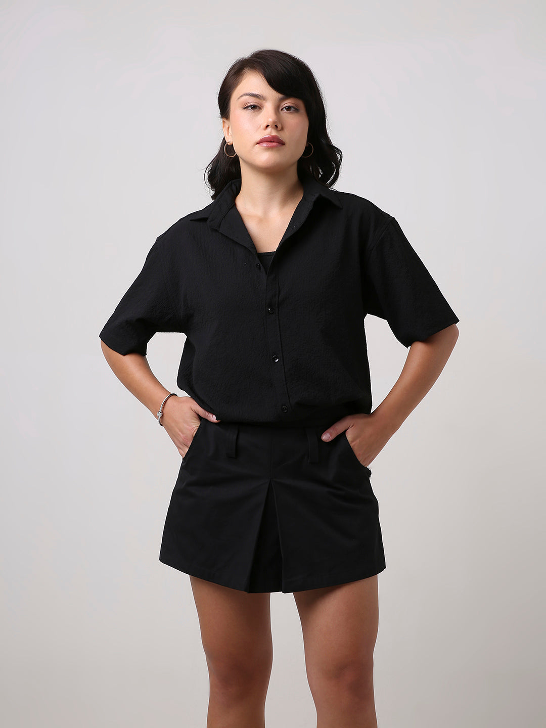 Black Textured Oversized Short Sleeve Shirt