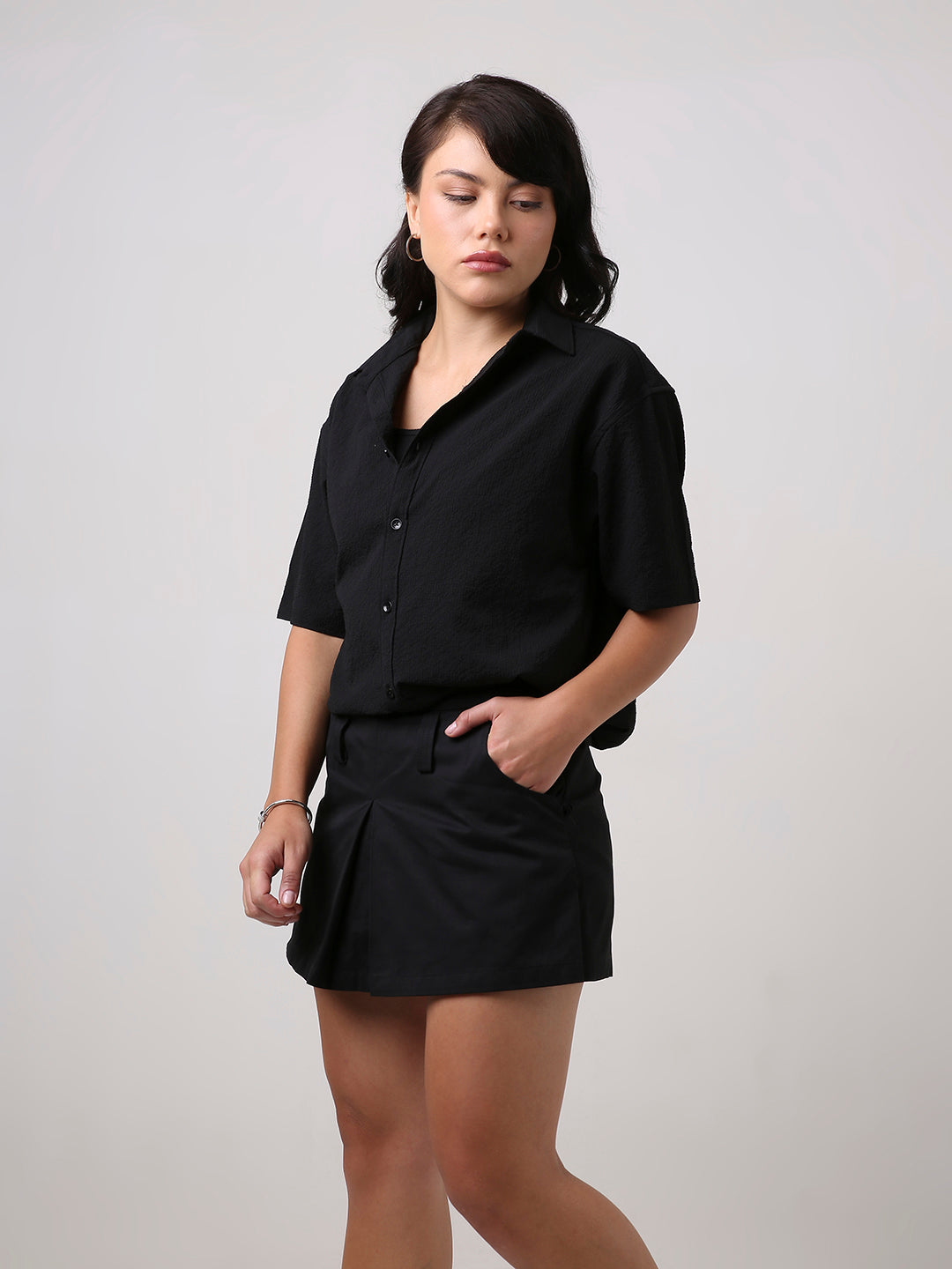 Black Textured Oversized Short Sleeve Shirt