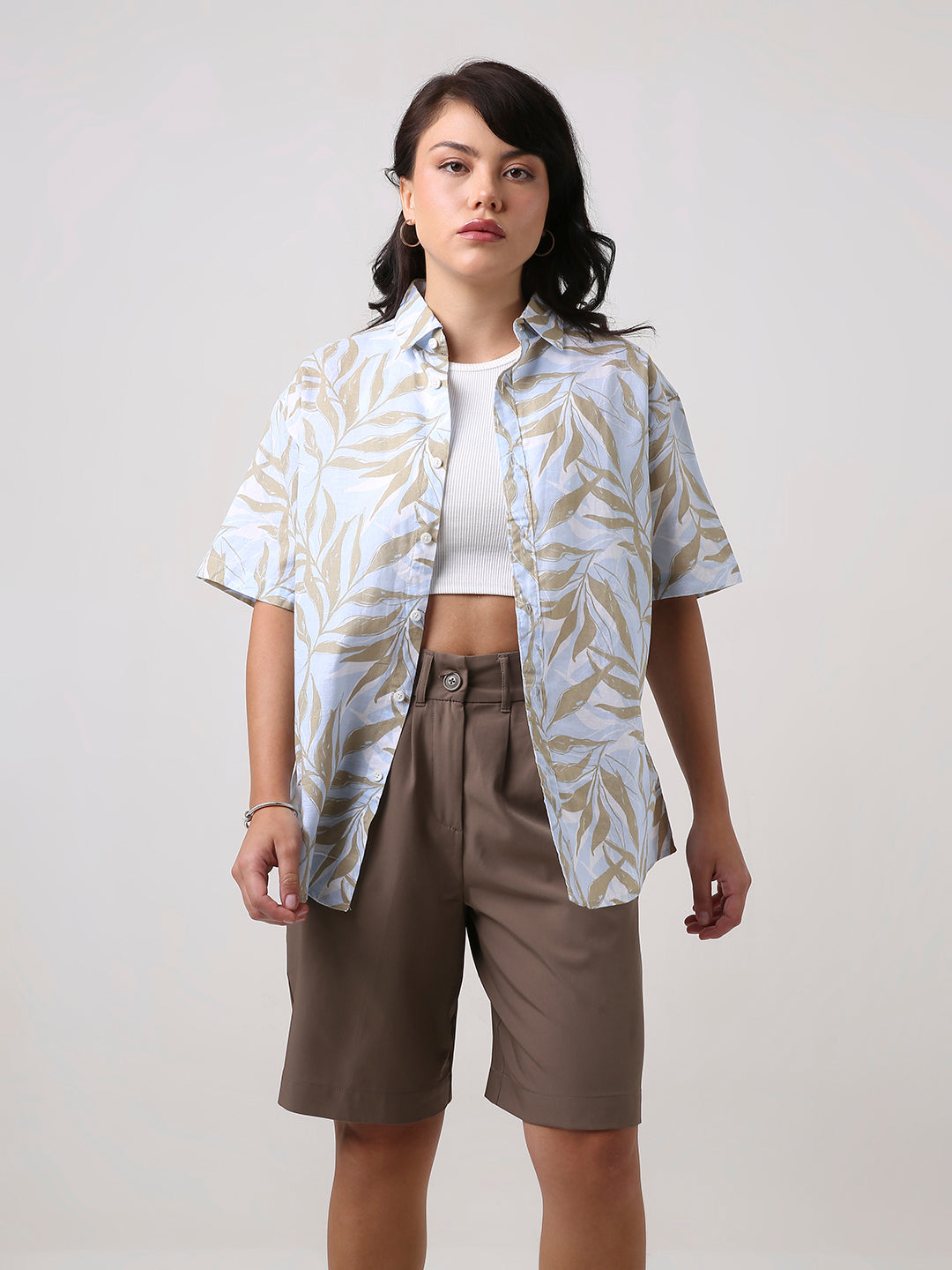 Blue Tropical Print Oversized Shirt