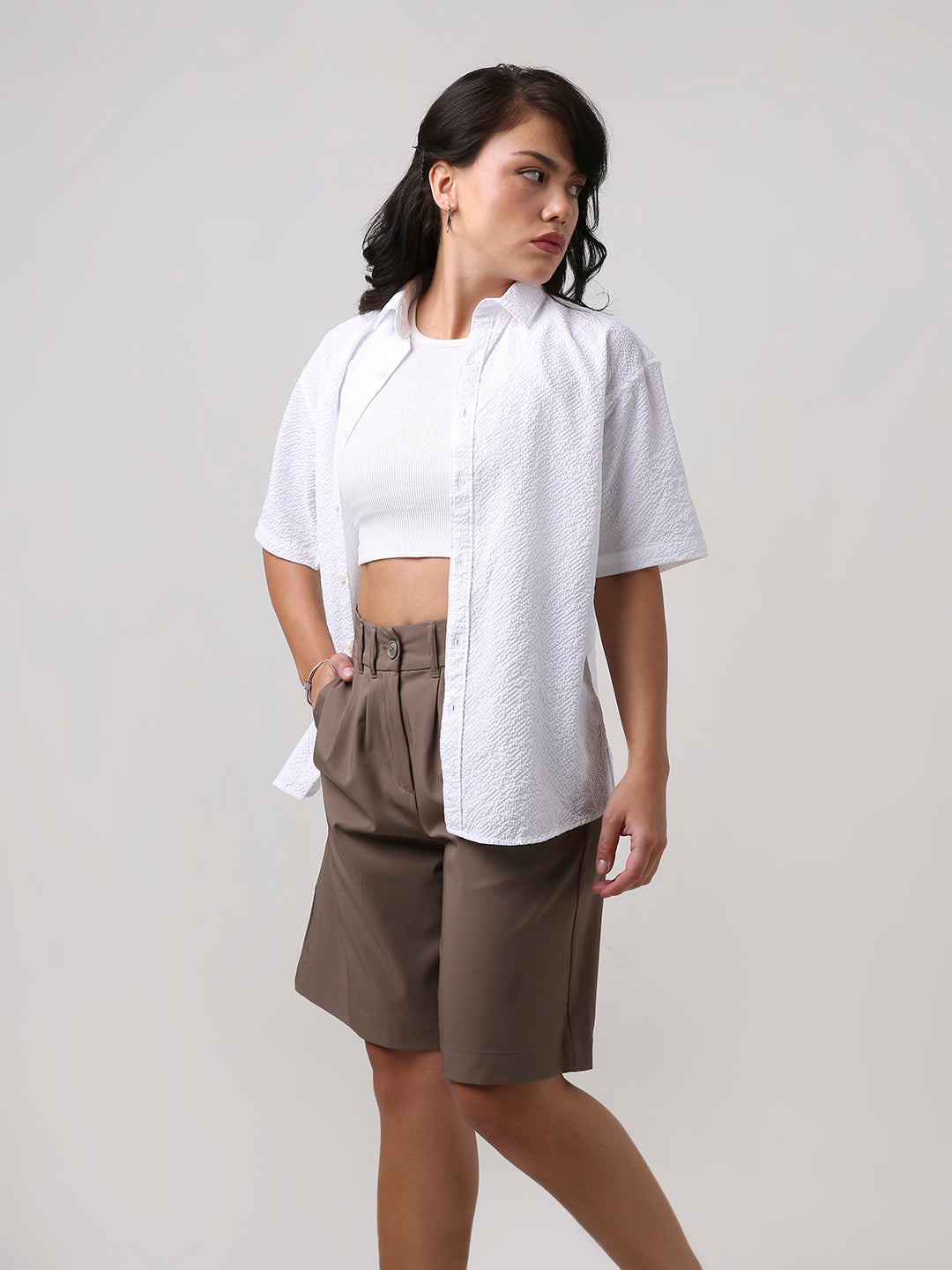 White Textured Oversized Short Sleeve Shirt