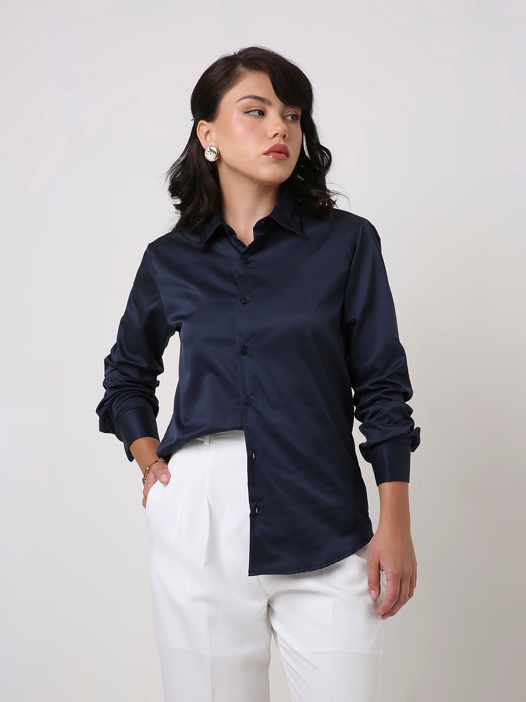 Navy Blue Satin Formal Shirt