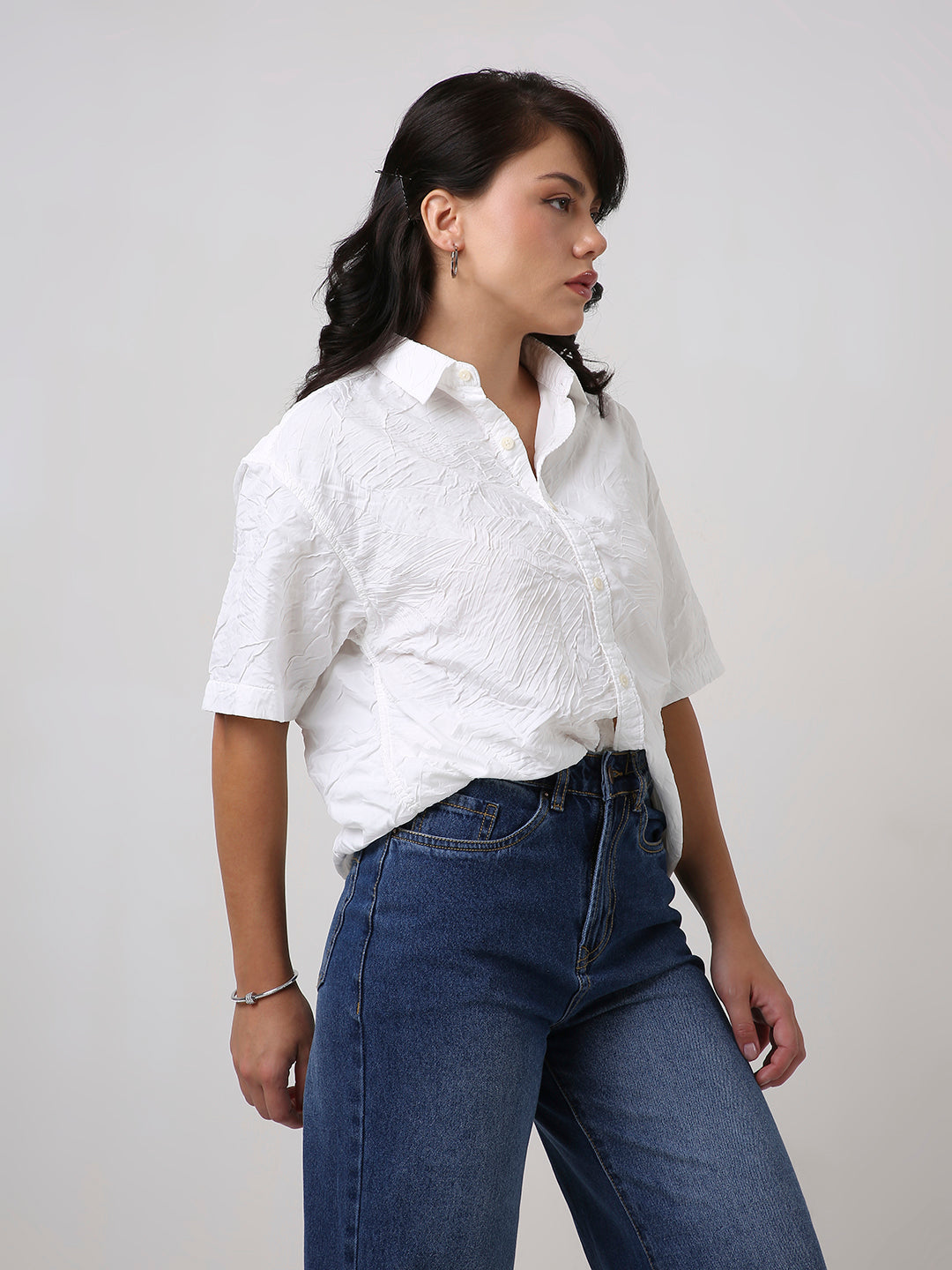 White Crinkle Oversized Short Sleeve Shirt