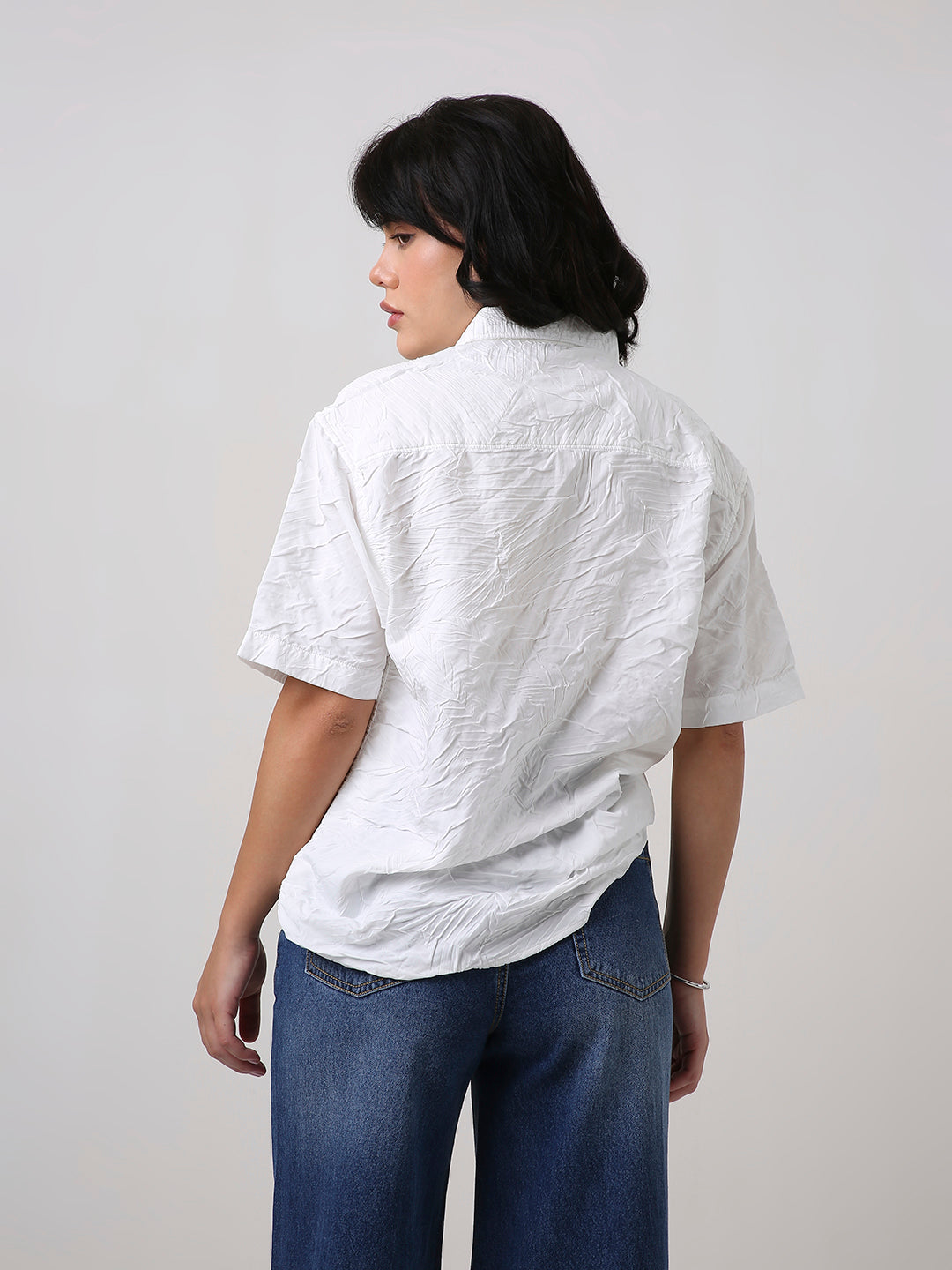 White Crinkle Oversized Short Sleeve Shirt