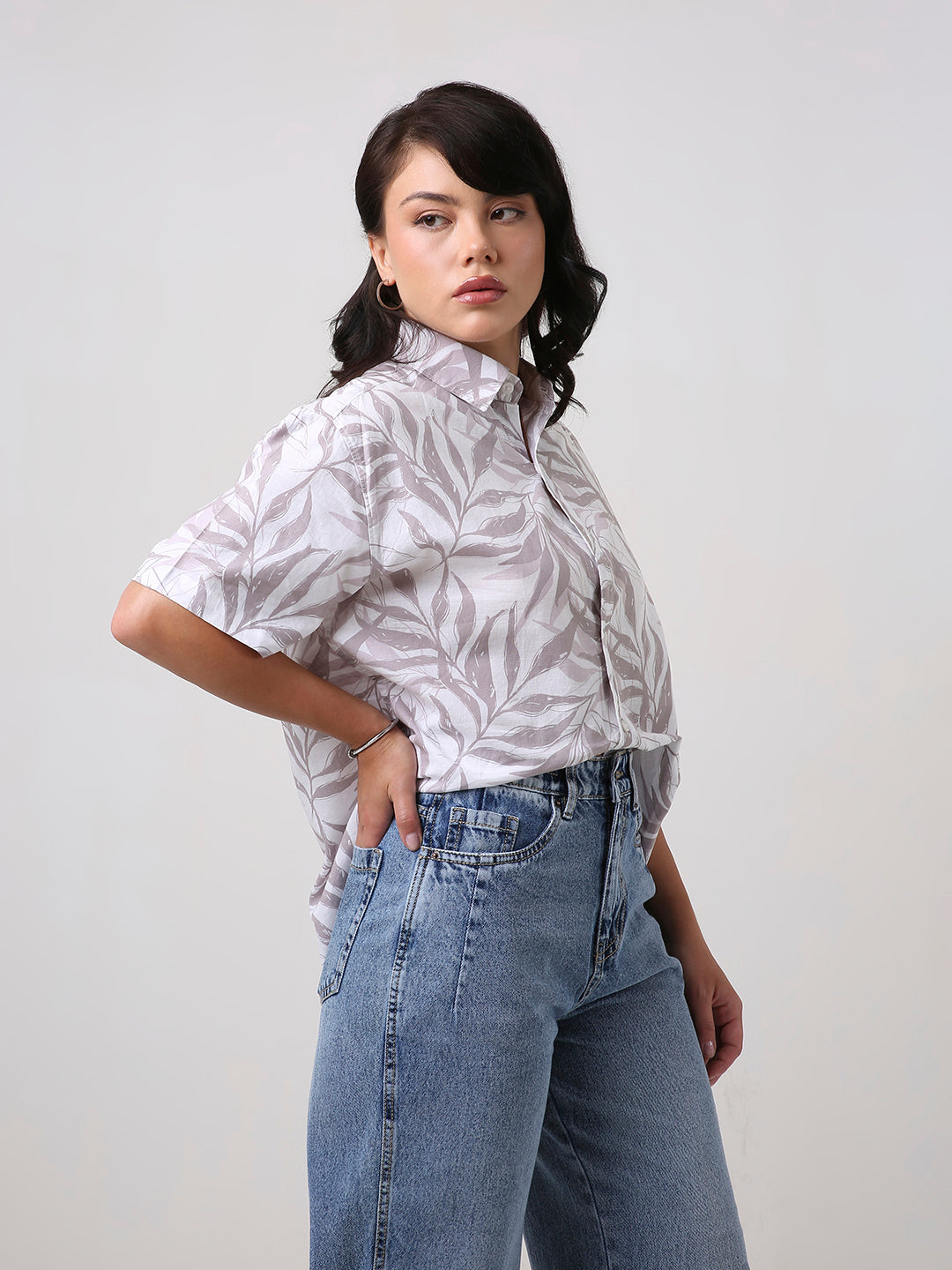 Grey Tropical Print Oversized Shirt