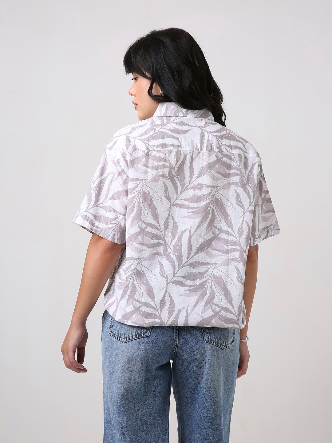 Grey Tropical Print Oversized Shirt