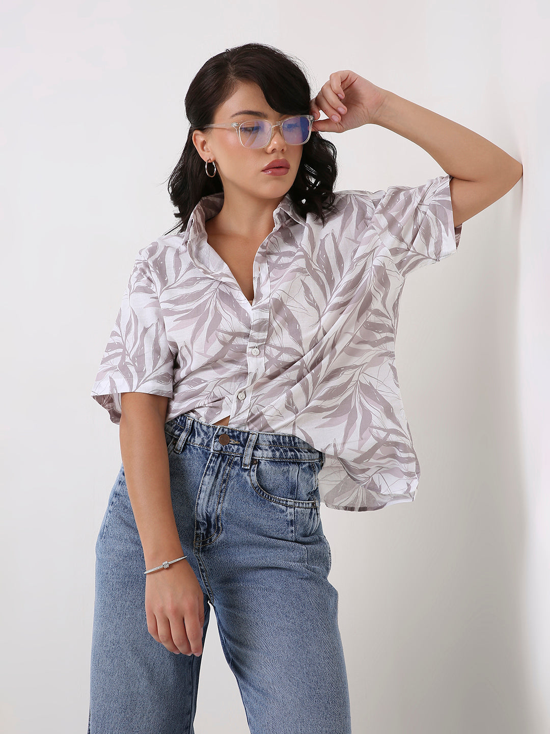 Grey Tropical Print Oversized Shirt