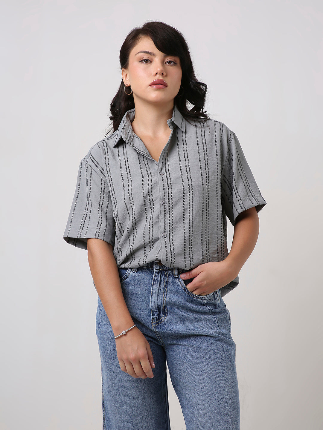 Grey Relaxed Fit Striped Shirt