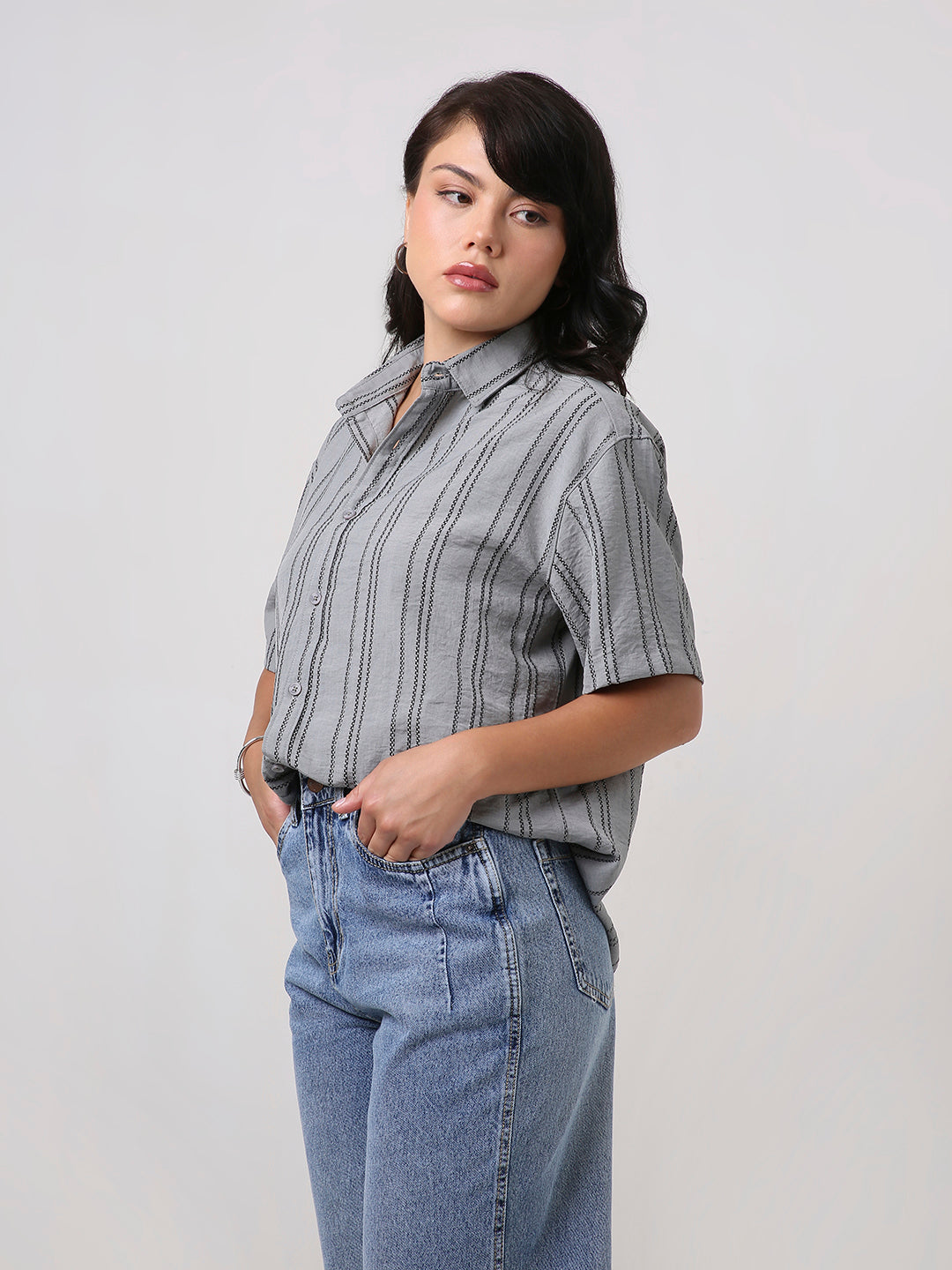 Grey Relaxed Fit Striped Shirt