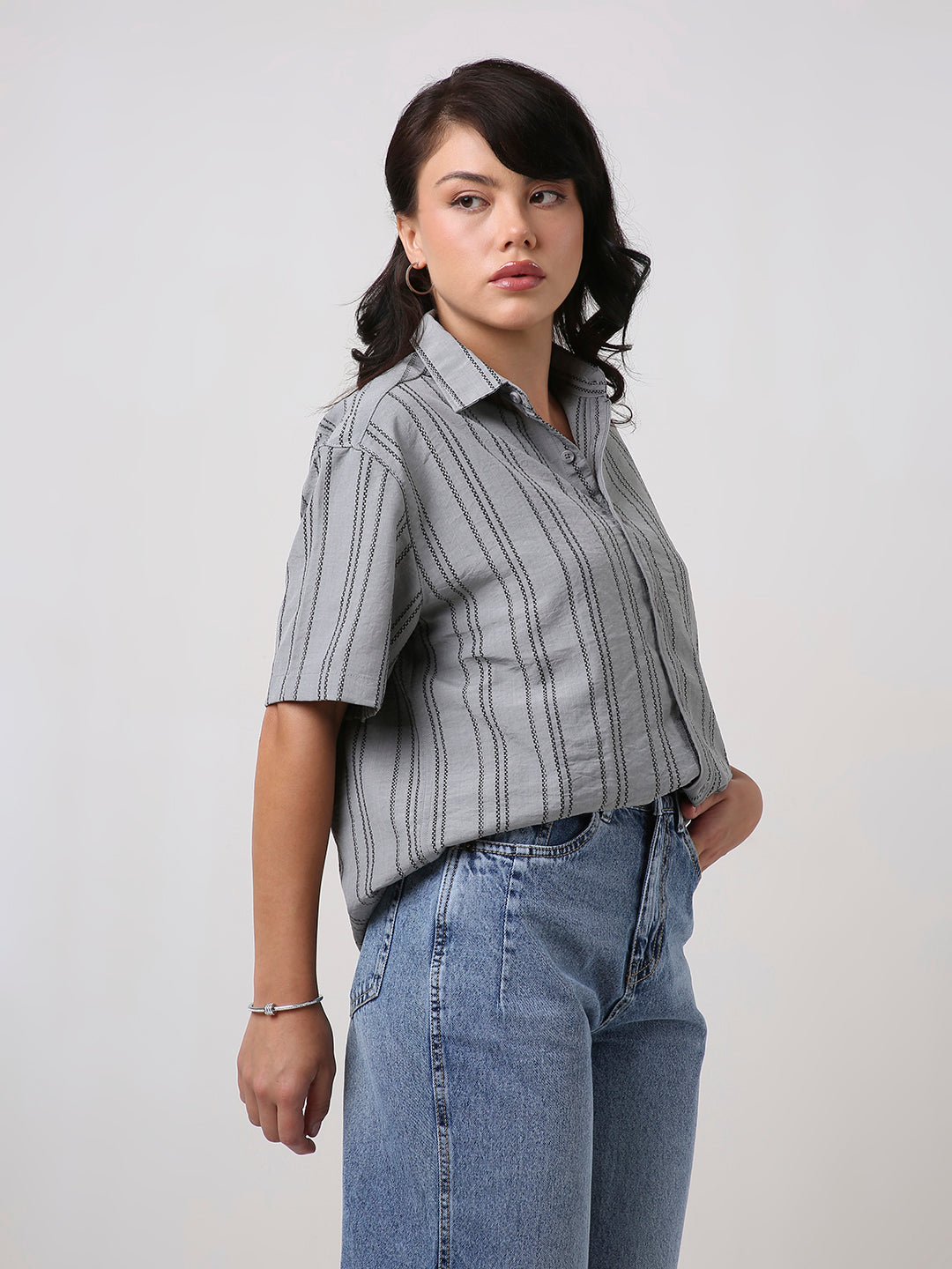 Grey Relaxed Fit Striped Shirt