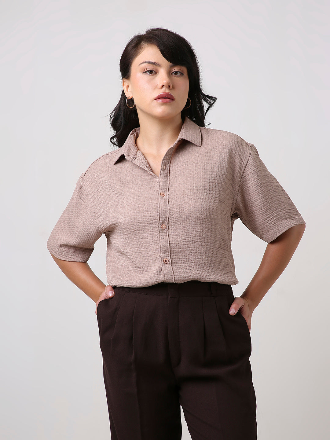 Beige Textured Oversized Shirt
