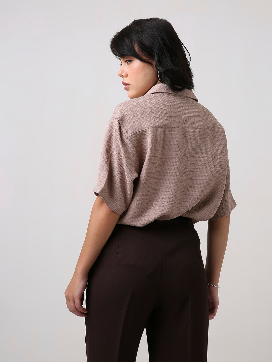 Beige Textured Oversized Shirt