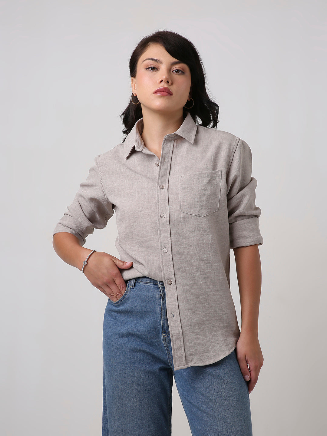 Dark Beige Textured Casual Shirt