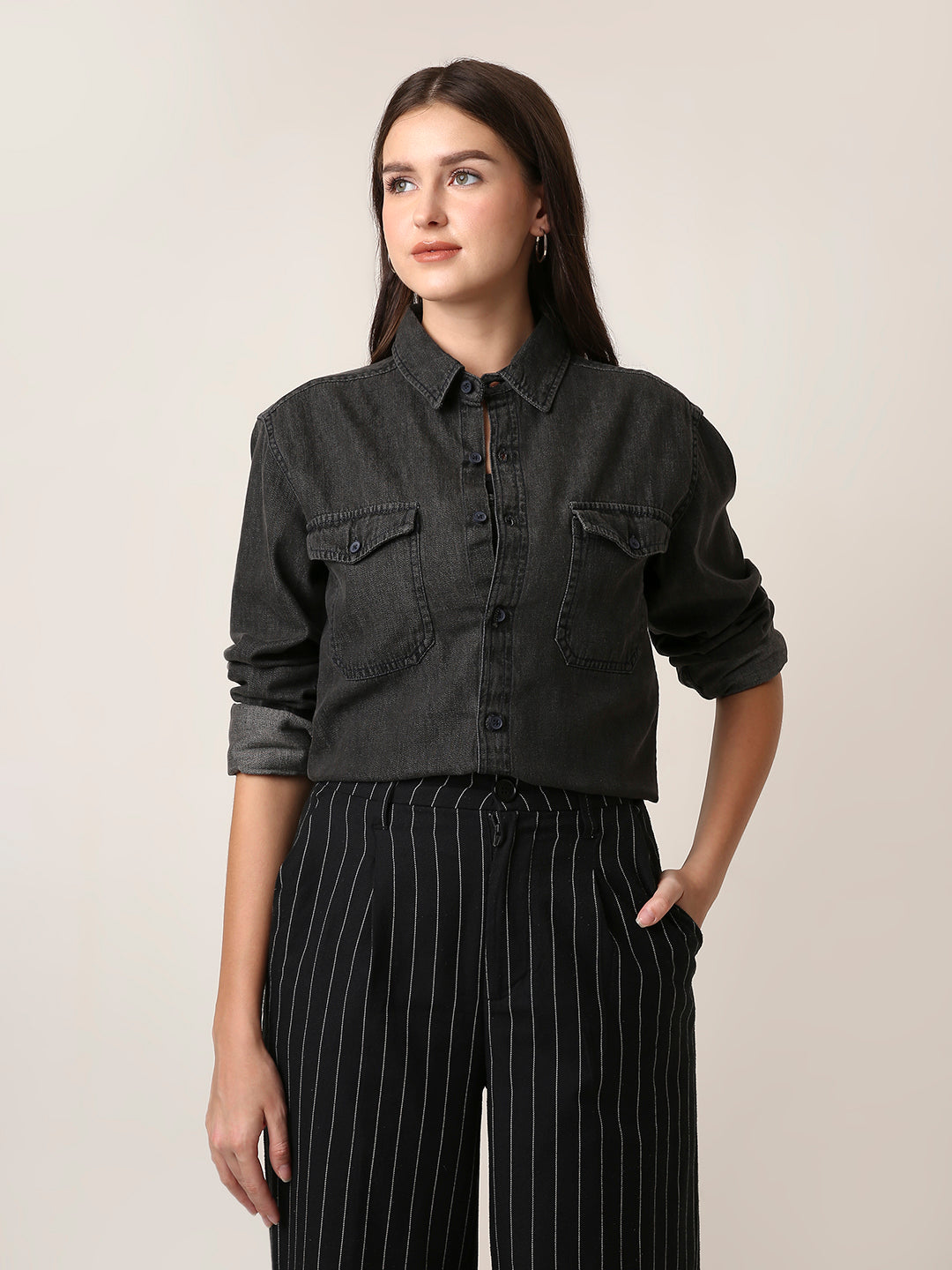 Black Wash Denim Utility Shirt