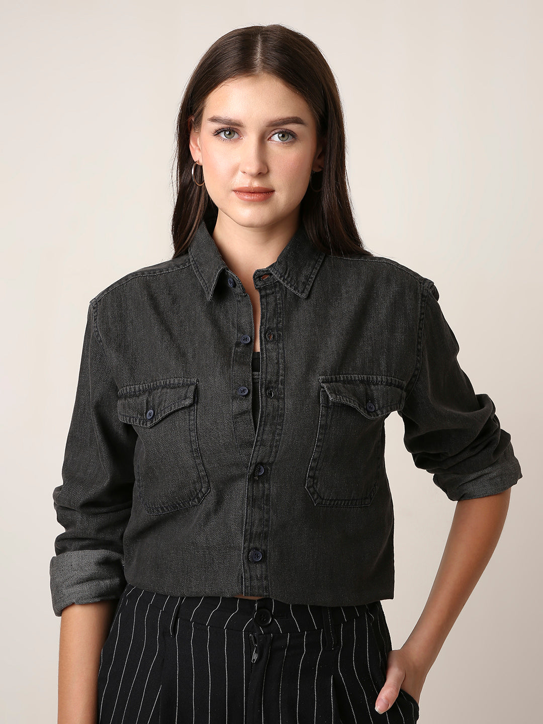 Black Wash Denim Utility Shirt