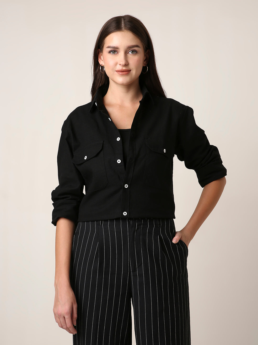 Black Utility Pocket Layer Shacket