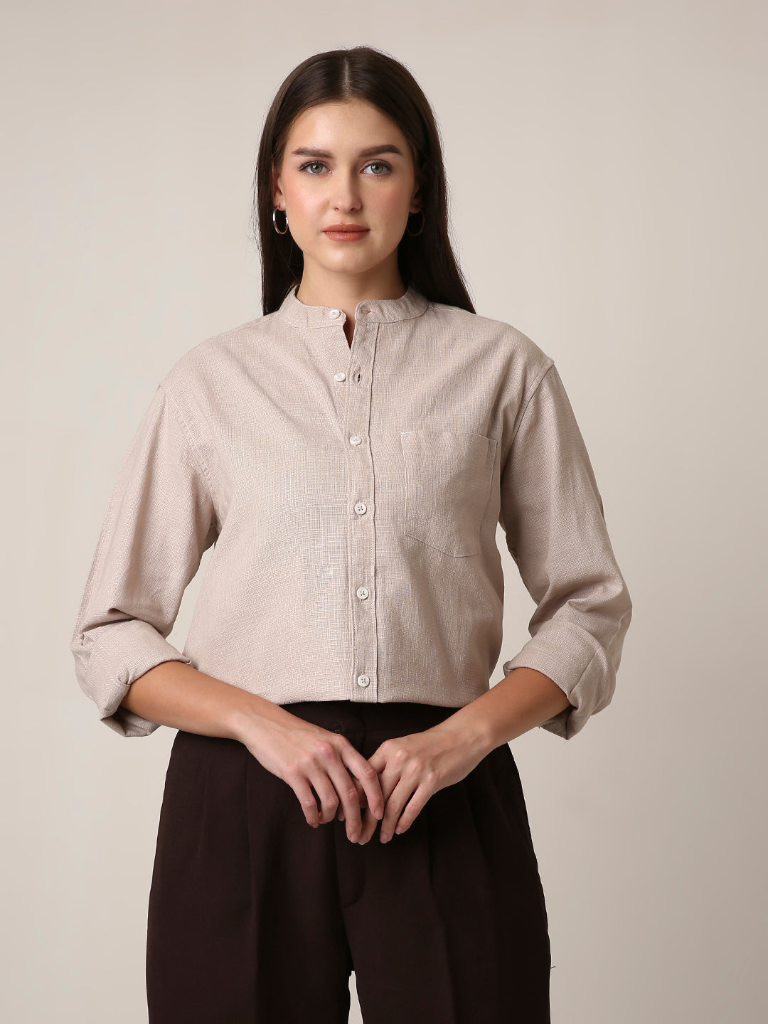 Fawn Textured Mandarin Collar Shirt