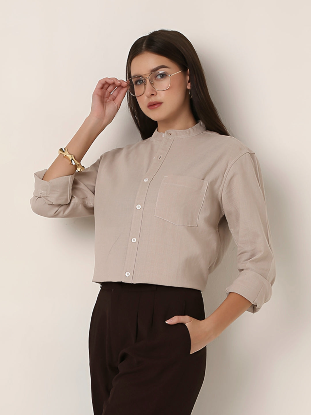 Fawn Textured Mandarin Collar Shirt
