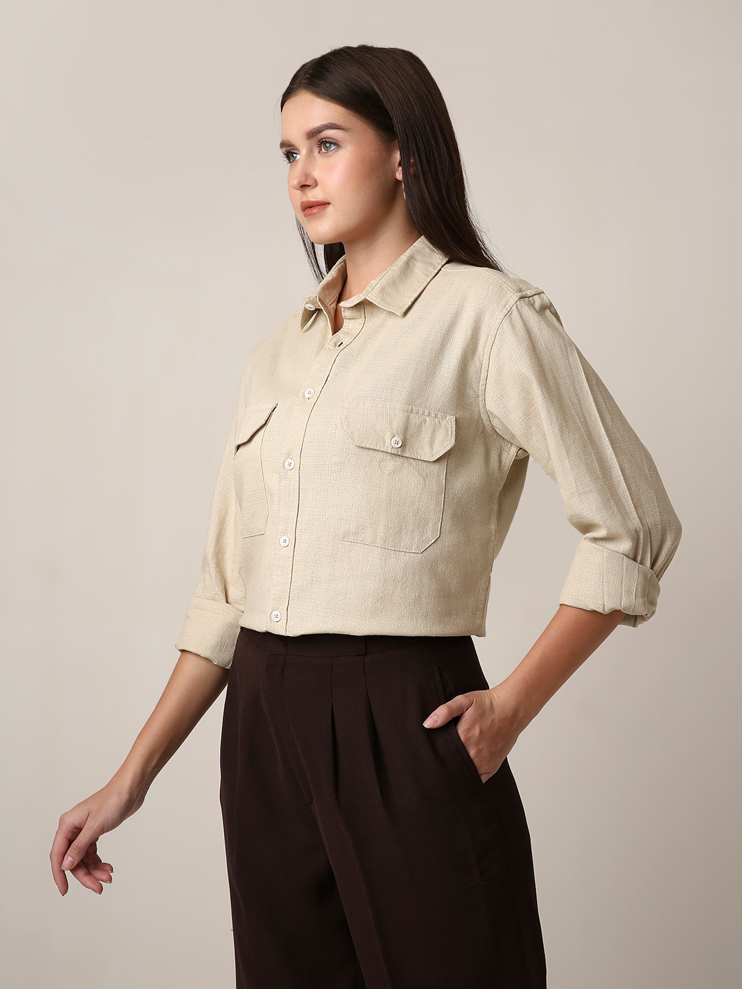 Beige Utility Pocket Layer Shacket
