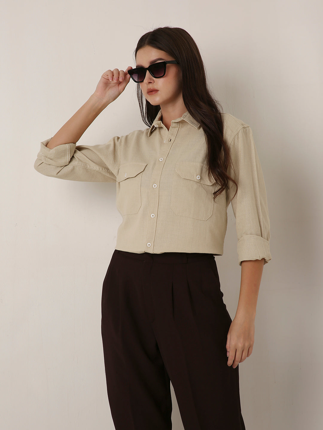 Beige Utility Pocket Layer Shacket