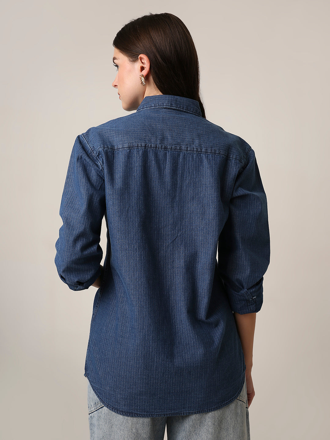 Blue Washed Denim Textured Oversized Casual Shirt