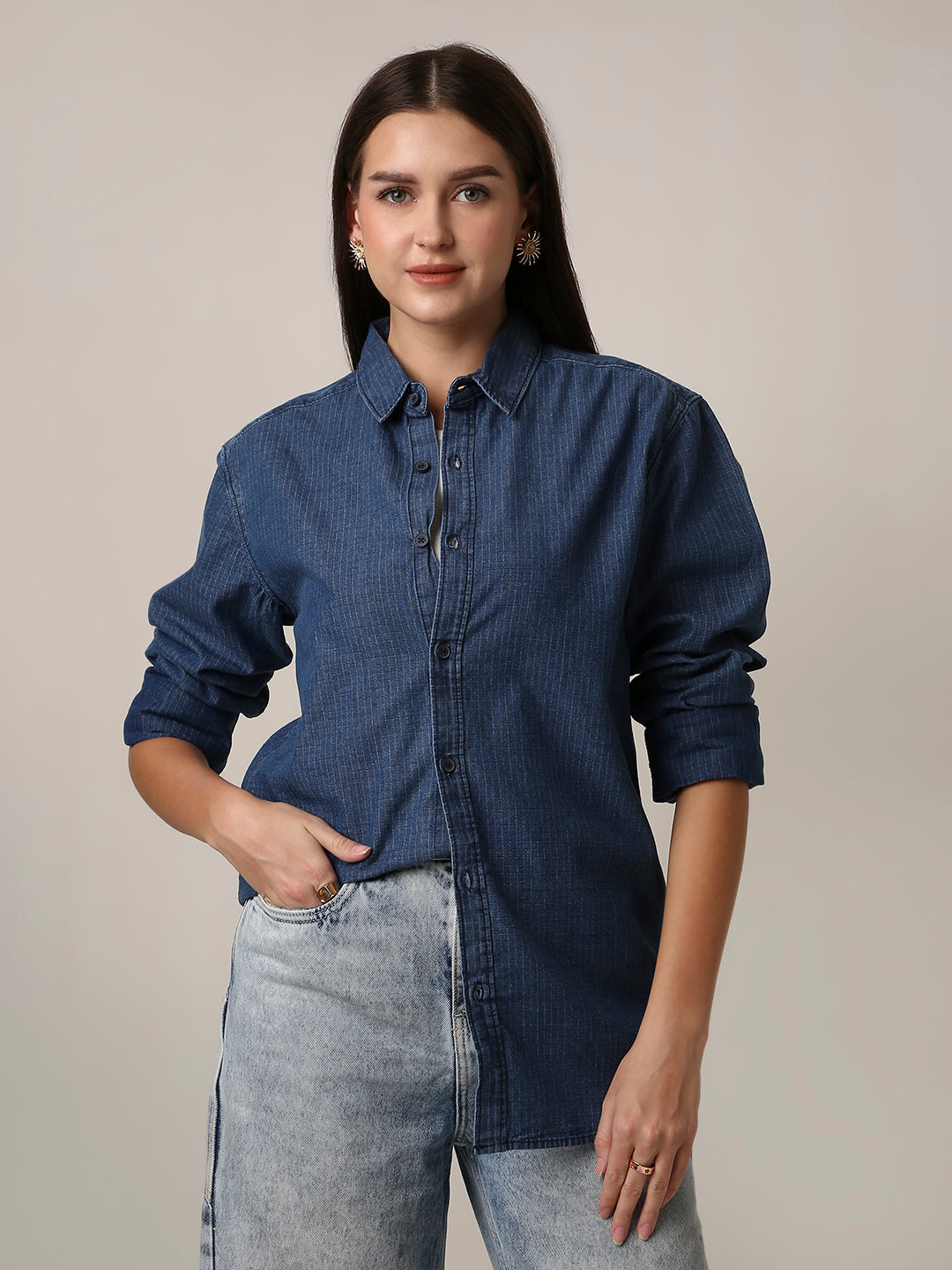 Blue Washed Denim Textured Oversized Casual Shirt