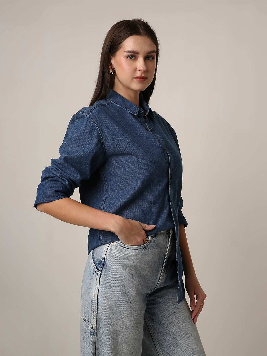 Blue Washed Denim Textured Oversized Casual Shirt