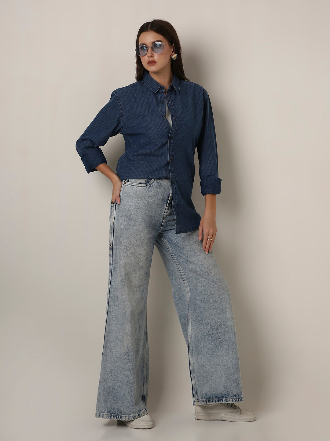 Blue Washed Denim Textured Oversized Casual Shirt