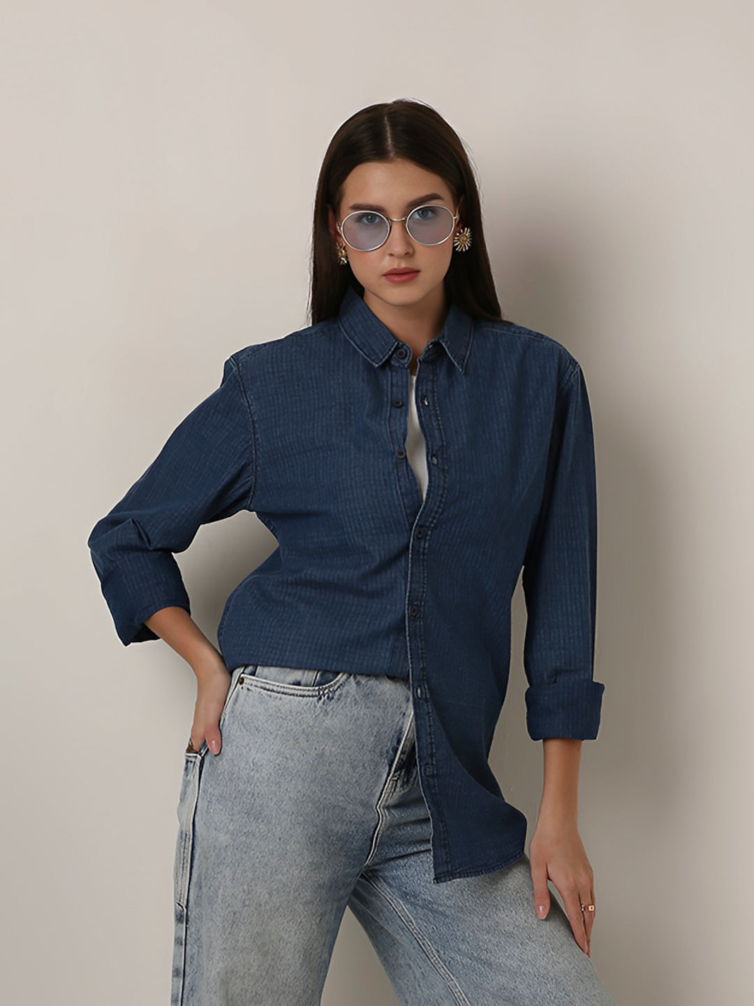 Blue Washed Denim Textured Oversized Casual Shirt