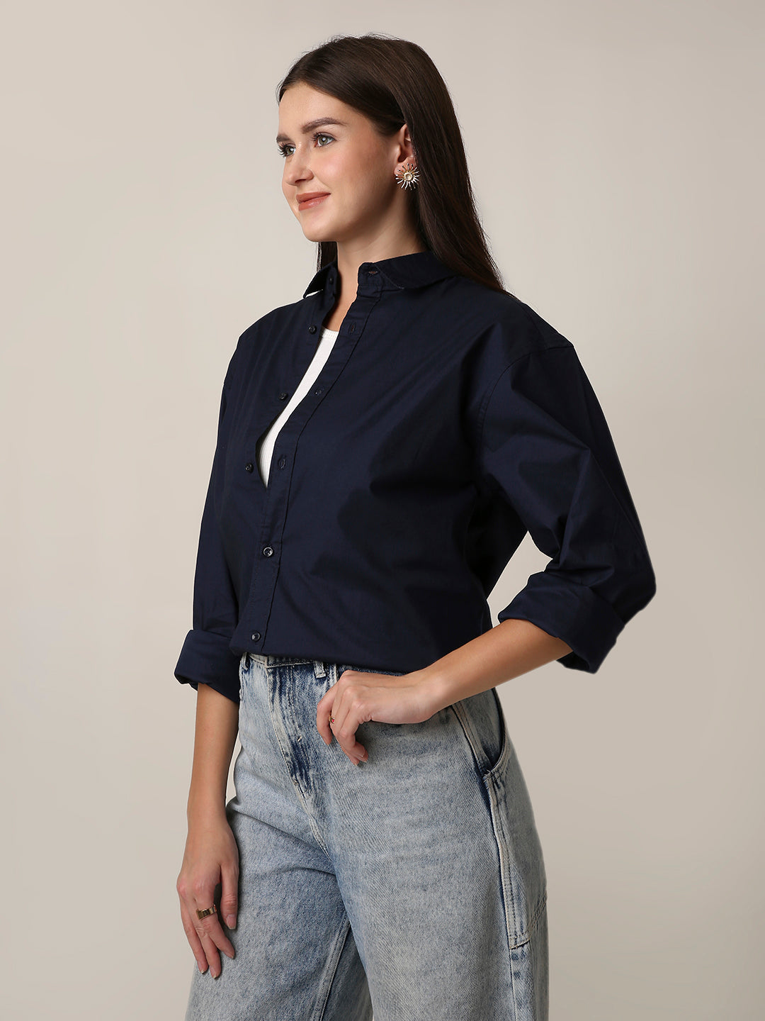 Classic Navy Blue Oversized Cotton Shirt