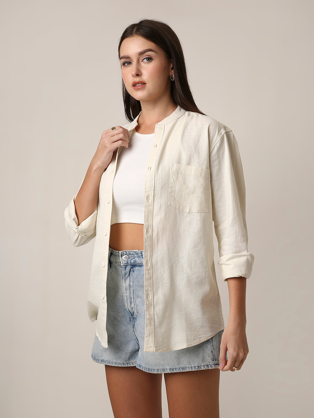 Cream Textured Mandarin Collar Shirt