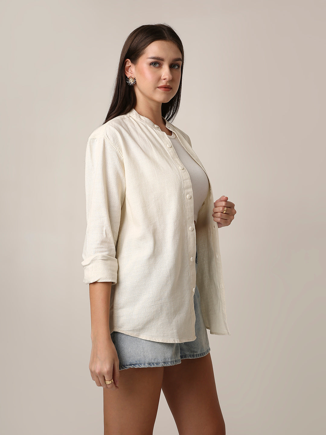 Cream Textured Mandarin Collar Shirt