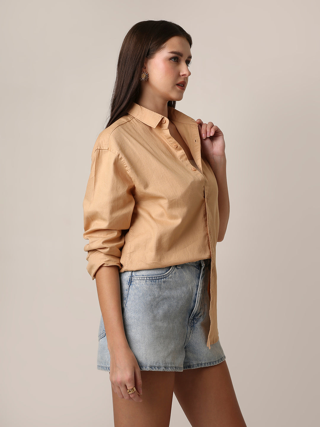 Beige Textured Oversized Casual Shirt