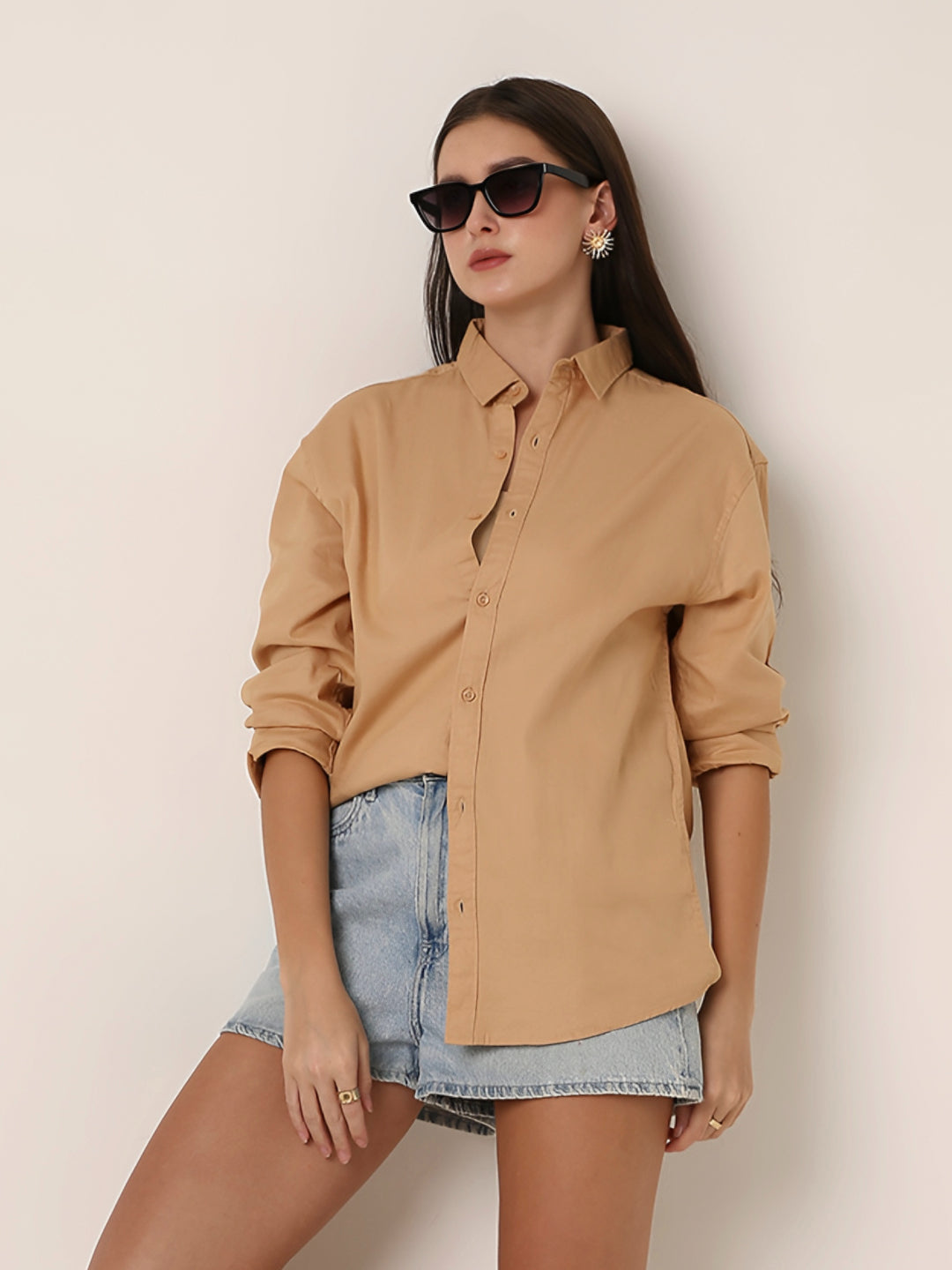 Beige Textured Oversized Casual Shirt