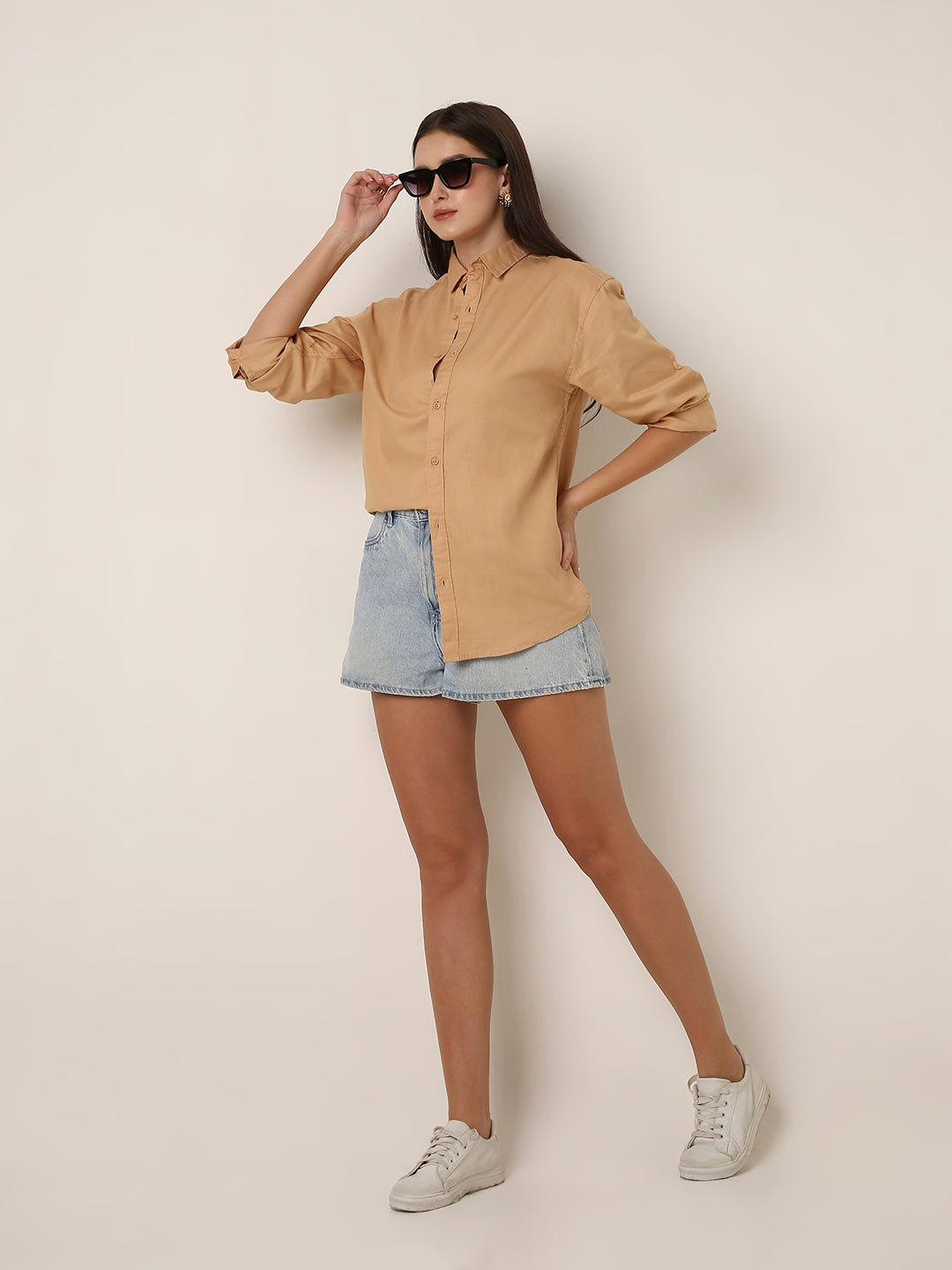 Beige Textured Oversized Casual Shirt