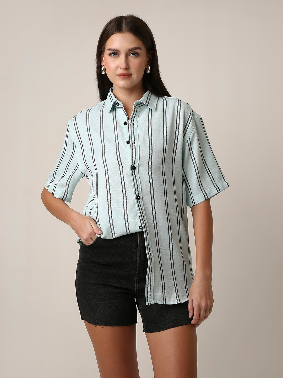 Mint Green Striped Short Sleeve Casual Shirt