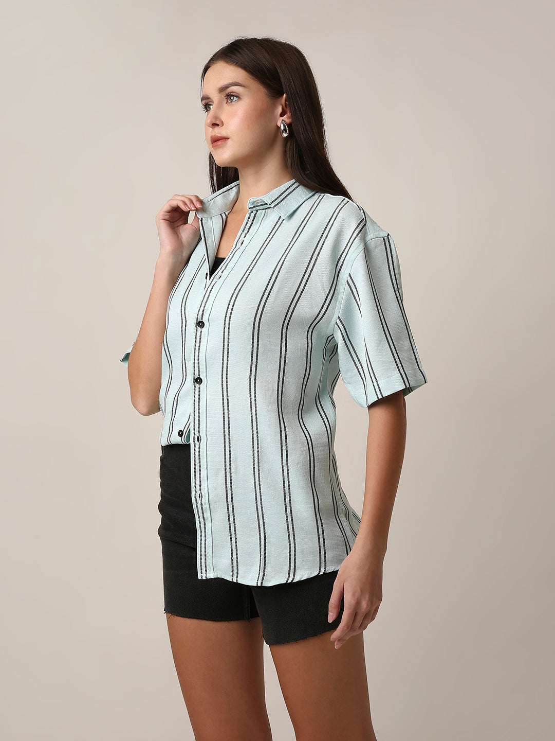 Mint Green Striped Short Sleeve Casual Shirt