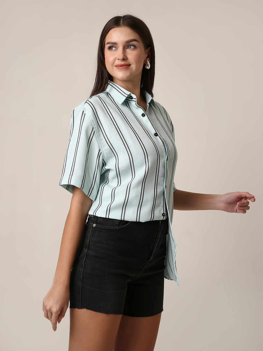 Mint Green Striped Short Sleeve Casual Shirt