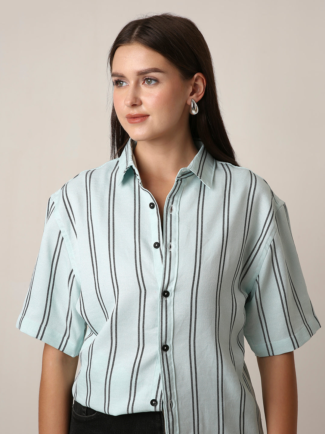 Mint Green Striped Short Sleeve Casual Shirt
