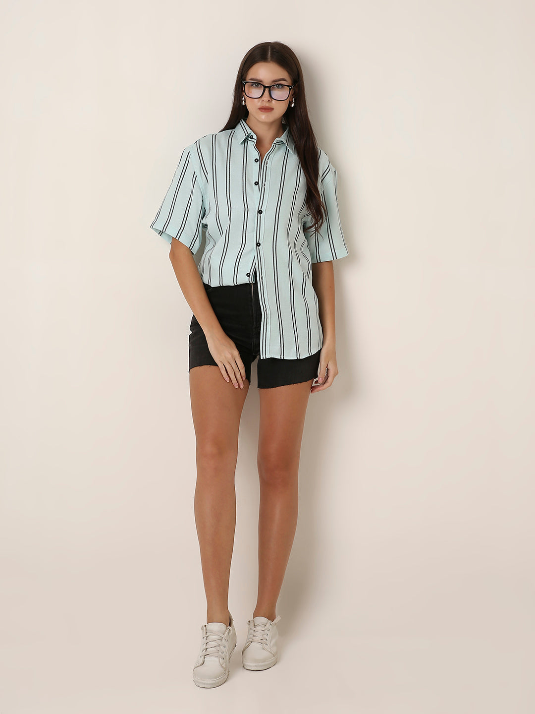 Mint Green Striped Short Sleeve Casual Shirt