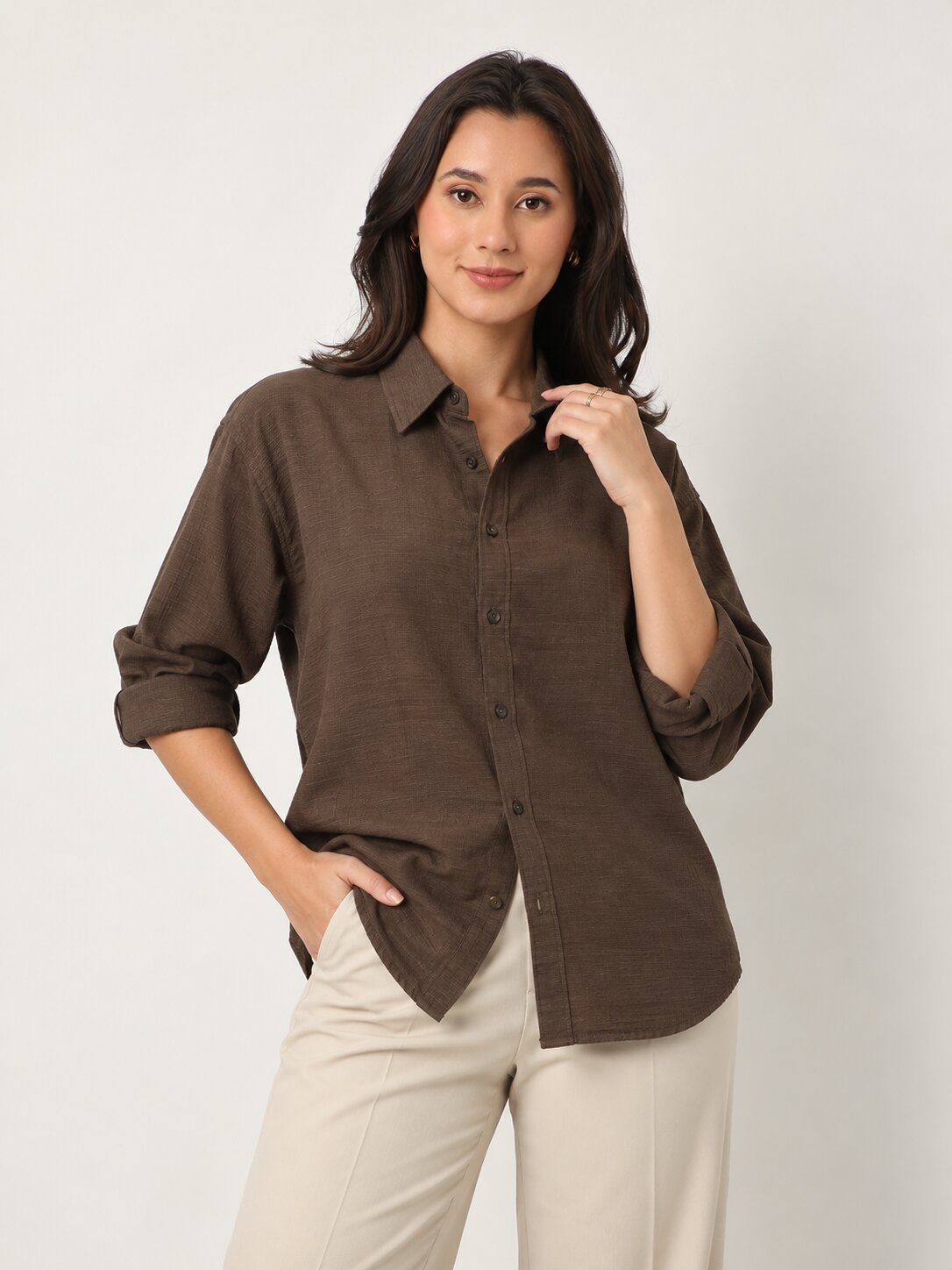 Brown Textured Relaxed Fit Button-Down Shirt