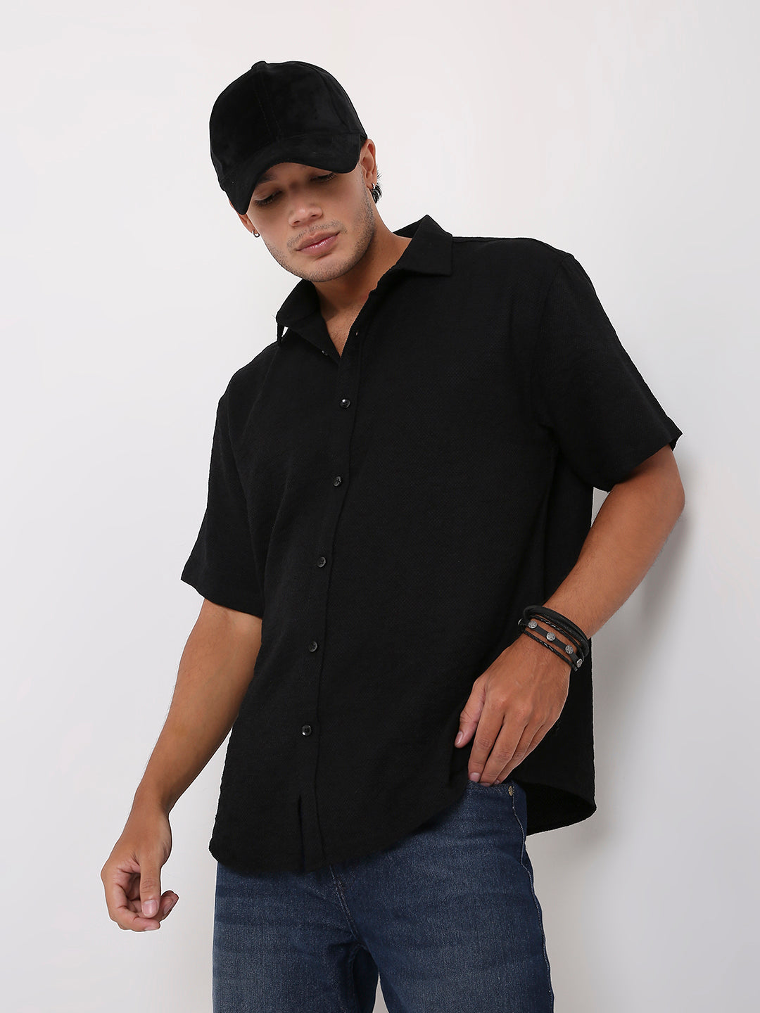 SHORT SLEEVE VISCOSE BLEND TEXTURED BUTTON-DOWN SHIRT