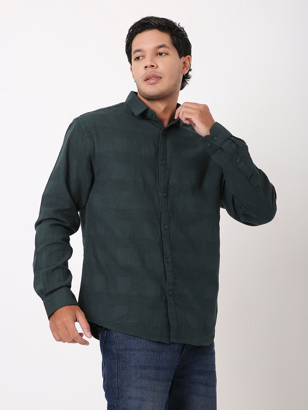 TEXTURED CHECKERED GREEN COTTON SHIRT