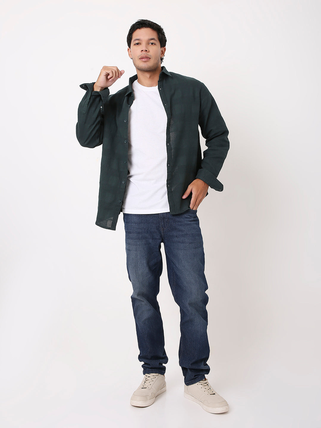 TEXTURED CHECKERED GREEN COTTON SHIRT